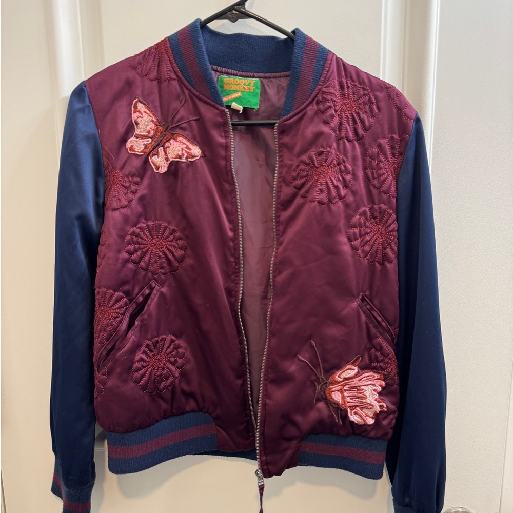 Max Studio Groovy Monkey Embroidered Bomber Jacket